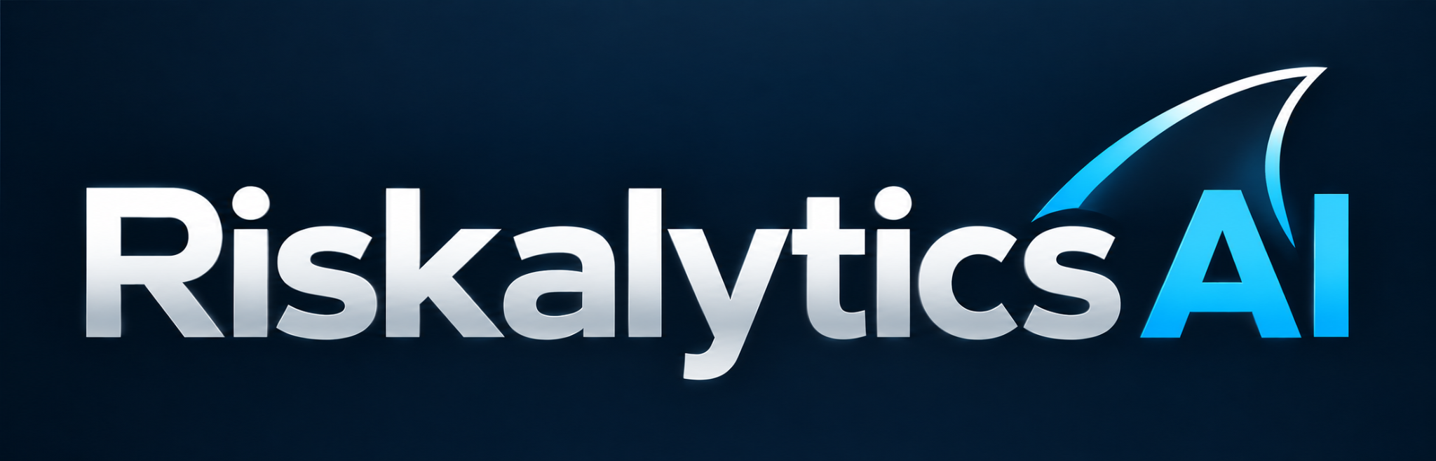 Riskalytics AI wordmark in silver and blue with a streamlined dorsal-fin accent
